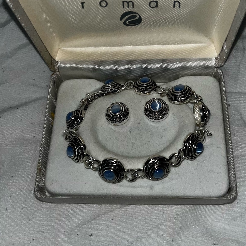 Roma Silver-Tone Bracelet and Stud Earrings with Blue Accents